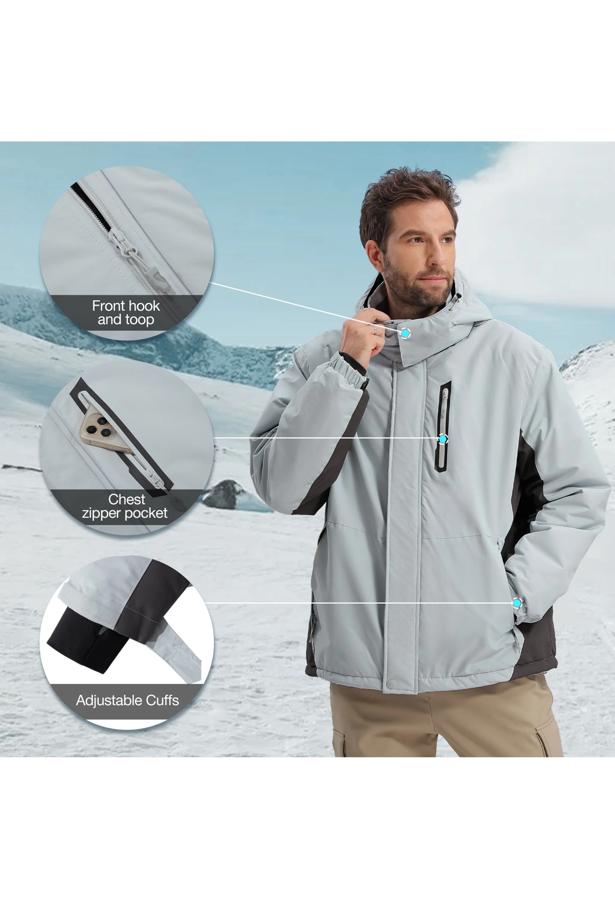 Men's Winter Gray Regular Fit Short Waterproof Windproof Ski Jacket - Image 4