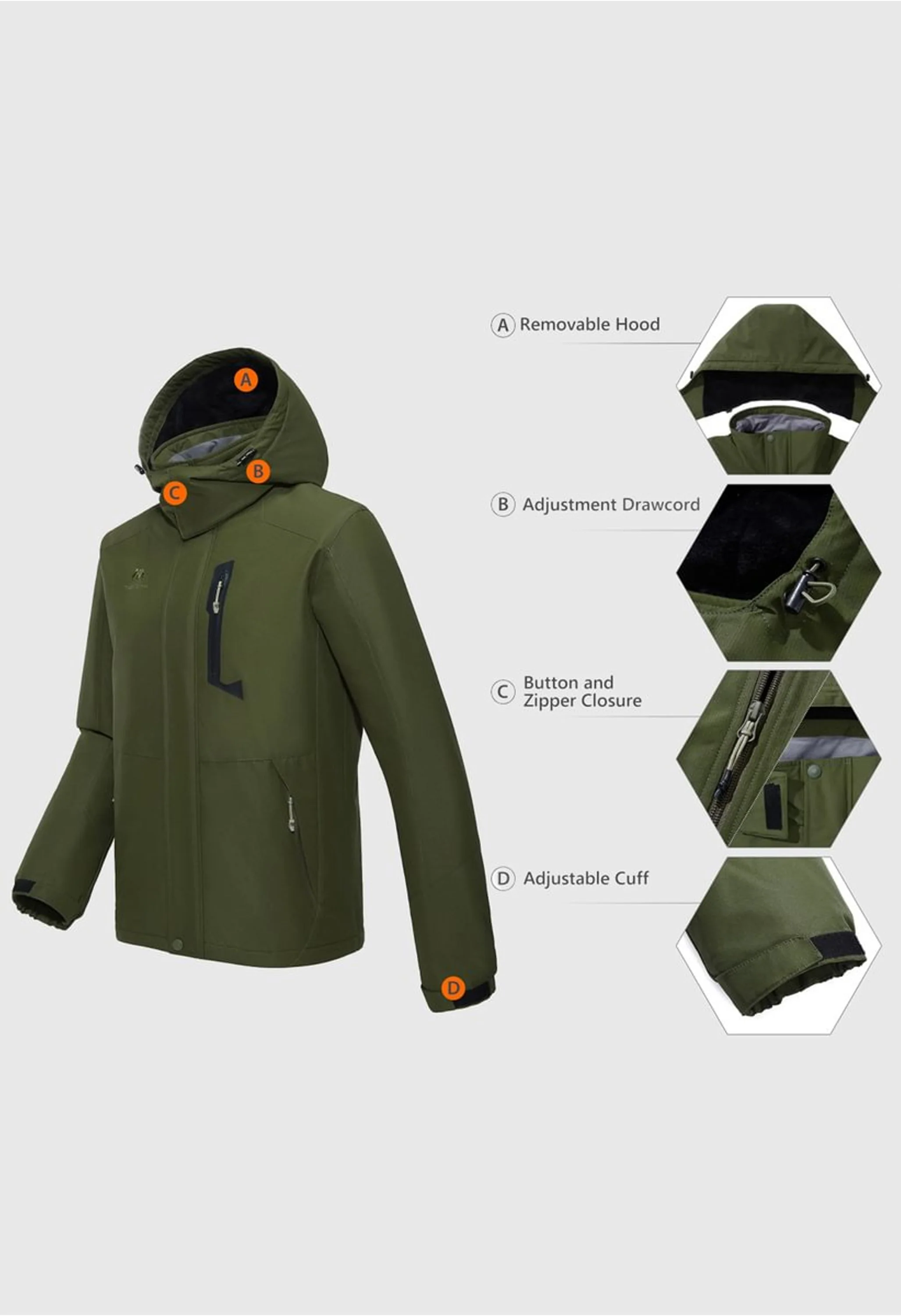 Men's Winter Green Regular Fit Short Waterproof Windproof Ski Jacket - Image 3