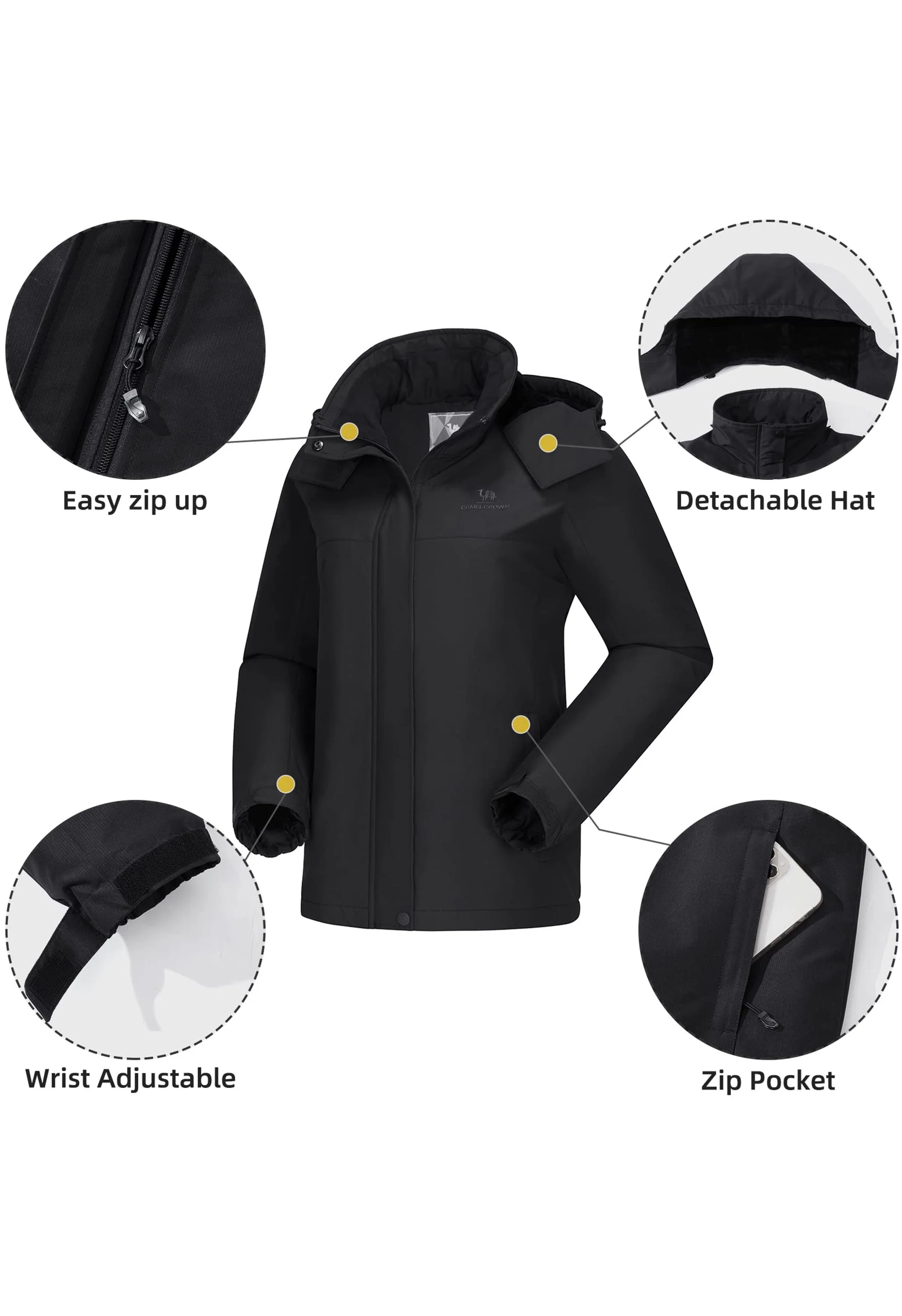 Women's Winter Black Regular Fit Short Waterproof Windproof Ski Jacket - Image 4