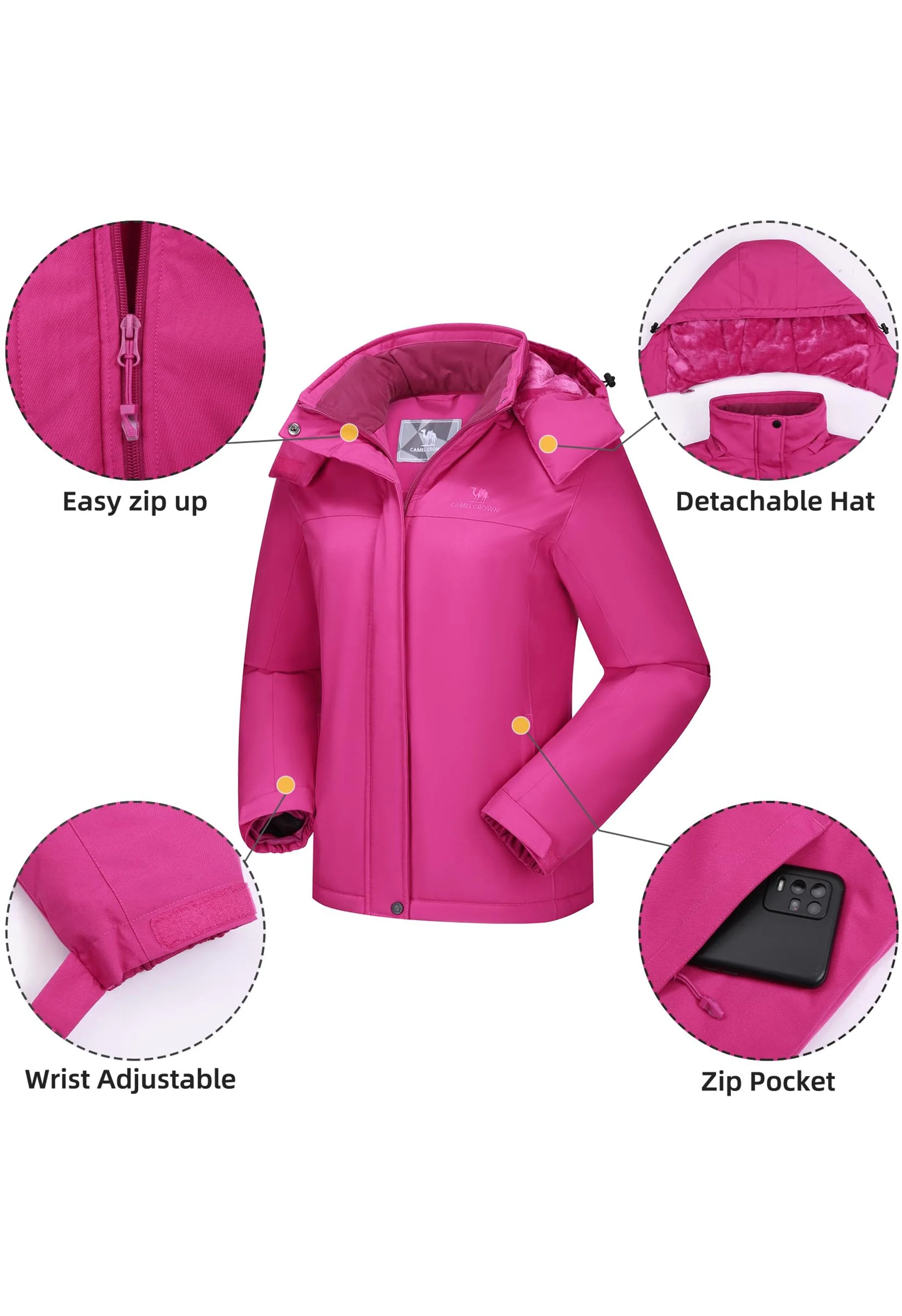 Women's Winter Pink Regular Fit Short Waterproof Windproof Ski Jacket - Image 5