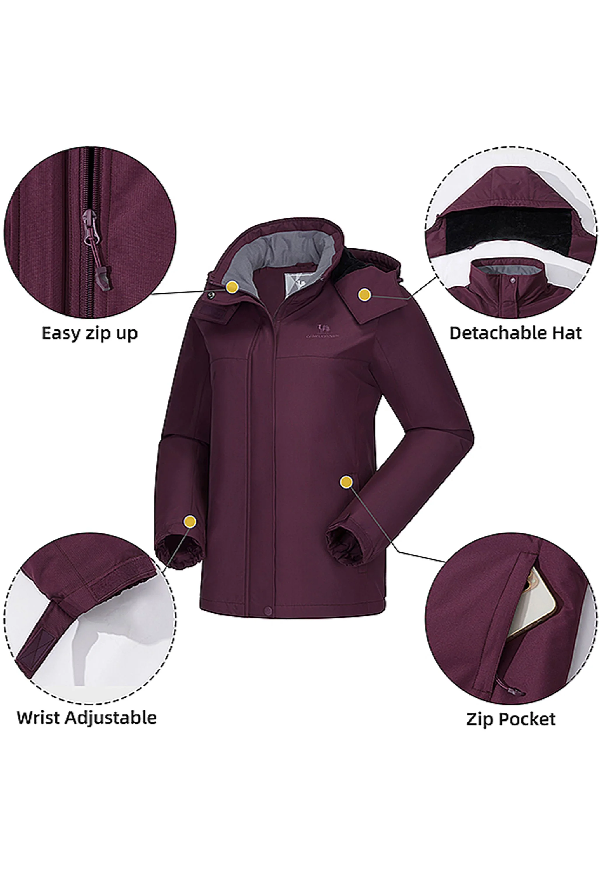 Women's Winter Purple Regular Fit Short Waterproof Windproof Ski Jacket - Image 4