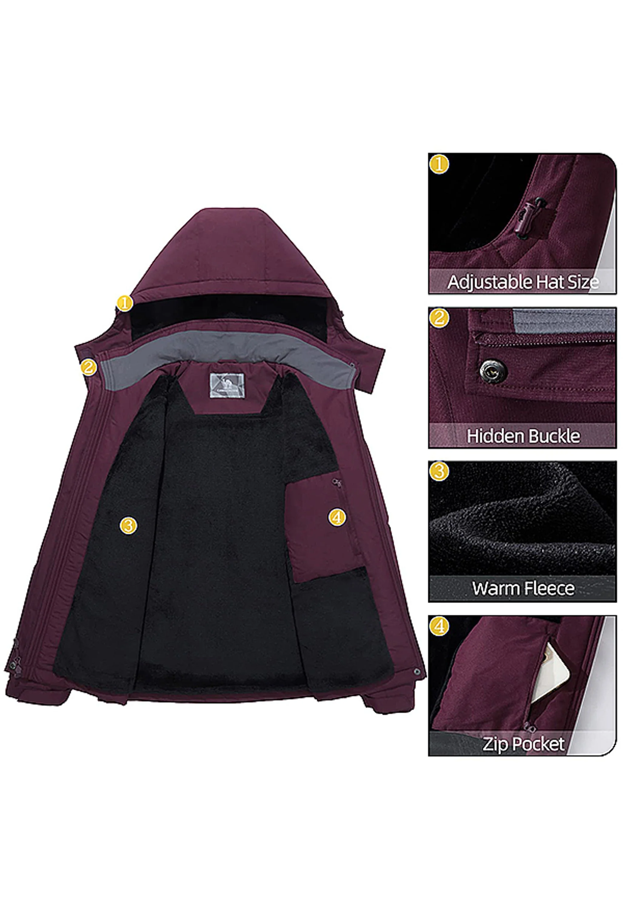 Women's Winter Purple Regular Fit Short Waterproof Windproof Ski Jacket - Image 6
