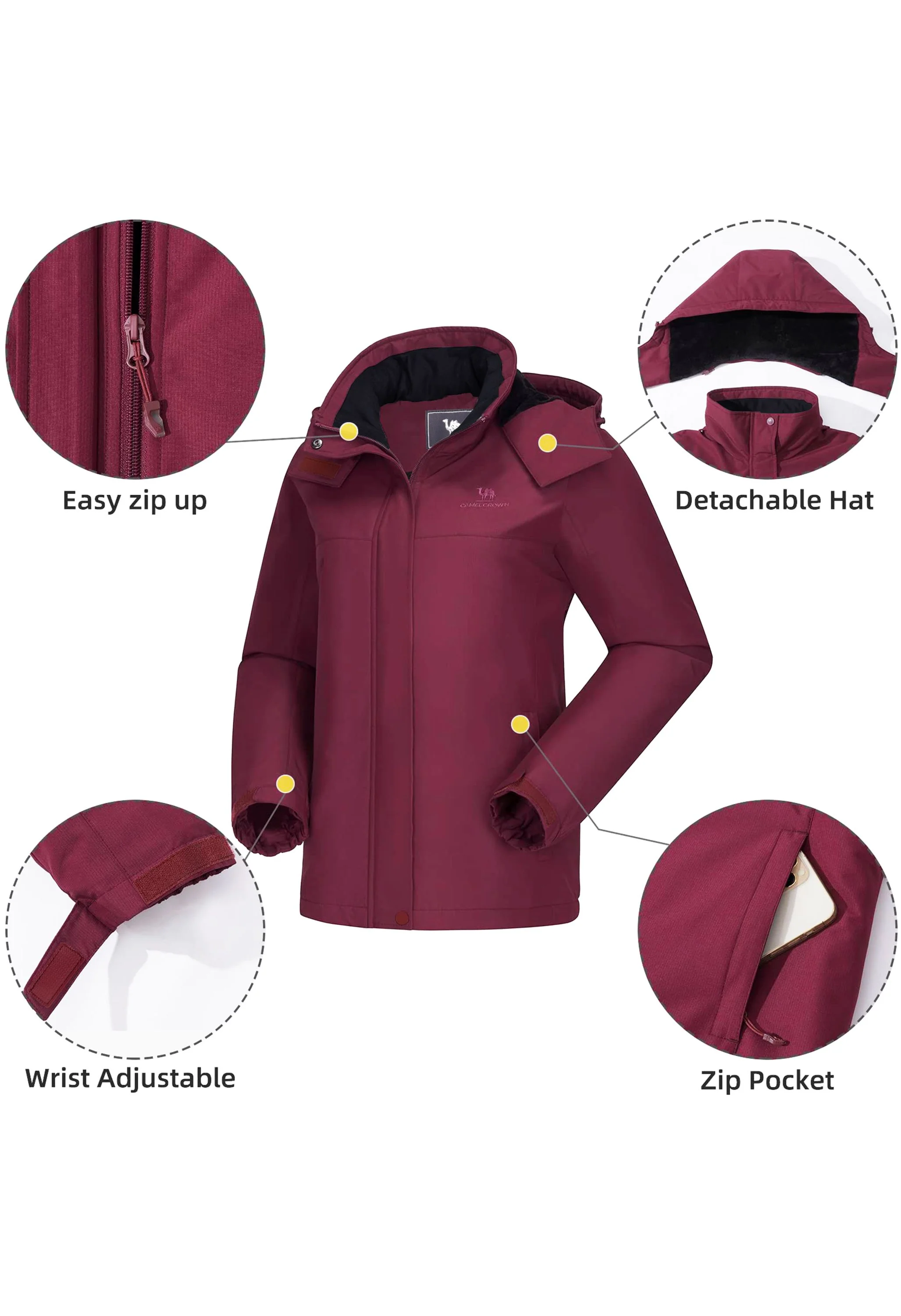Women's Winter Red Regular Fit Short Waterproof Windproof Ski Jacket - Image 5