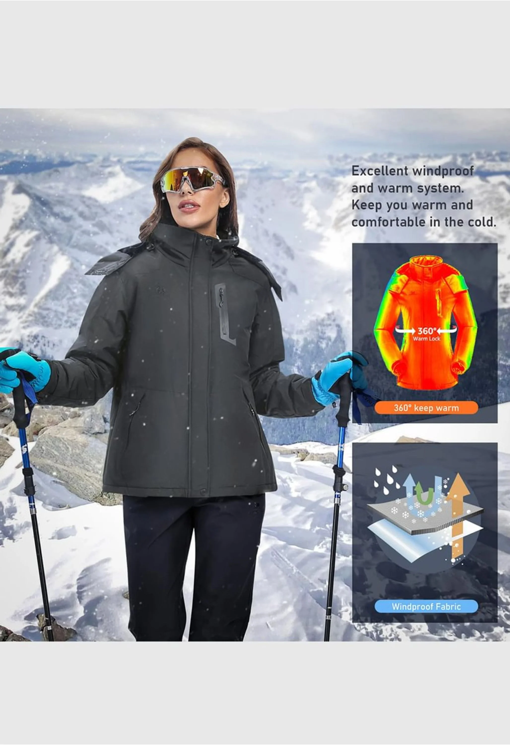 Women's Winter Gray Regular Fit Short Waterproof Windproof Ski Jacket - Image 4