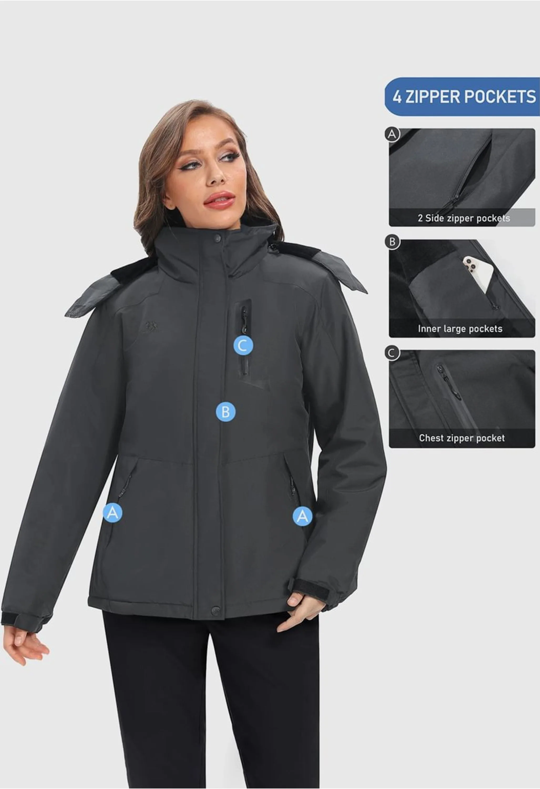 Women's Winter Gray Regular Fit Short Waterproof Windproof Ski Jacket - Image 5