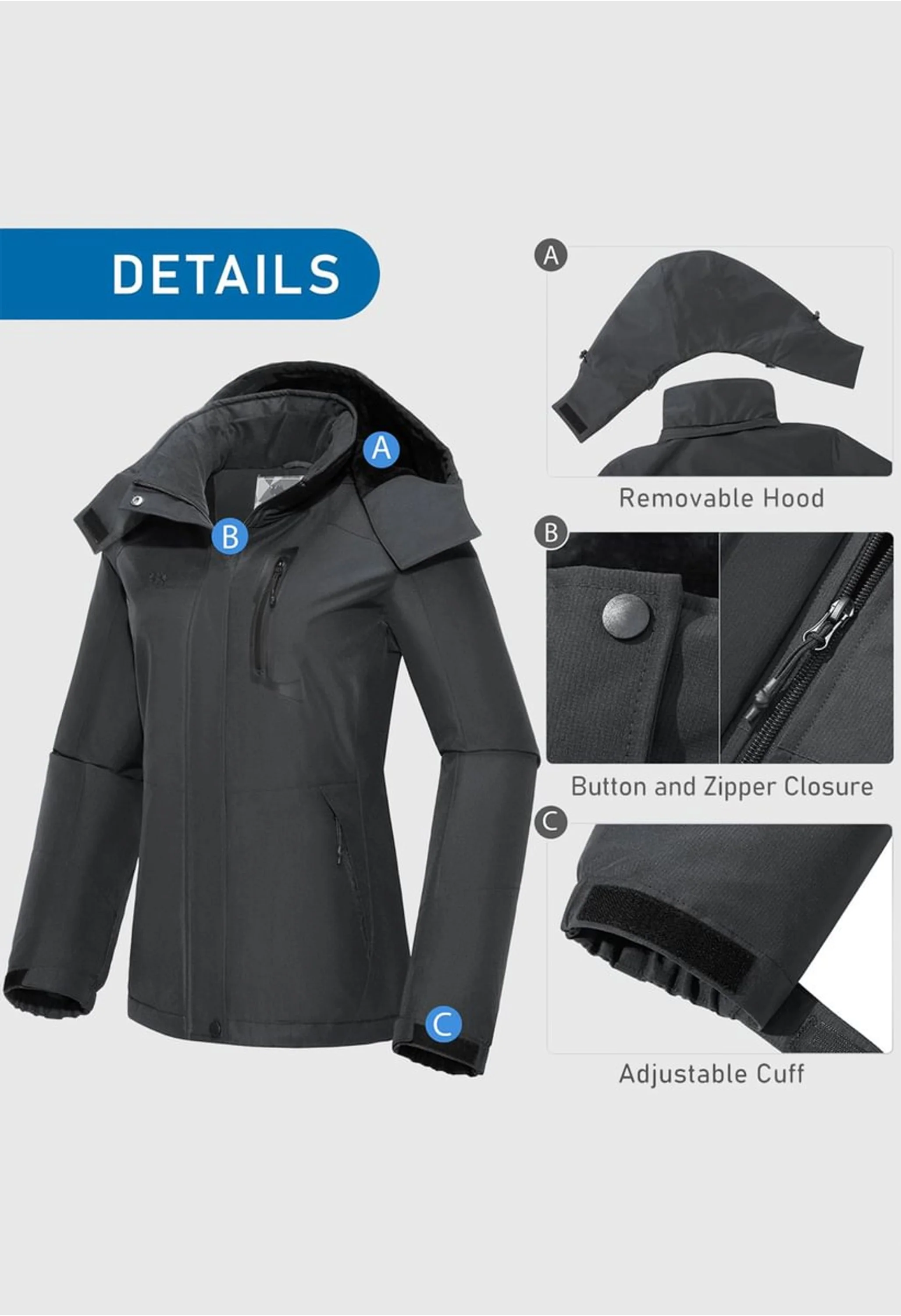 Women's Winter Gray Regular Fit Short Waterproof Windproof Ski Jacket - Image 7