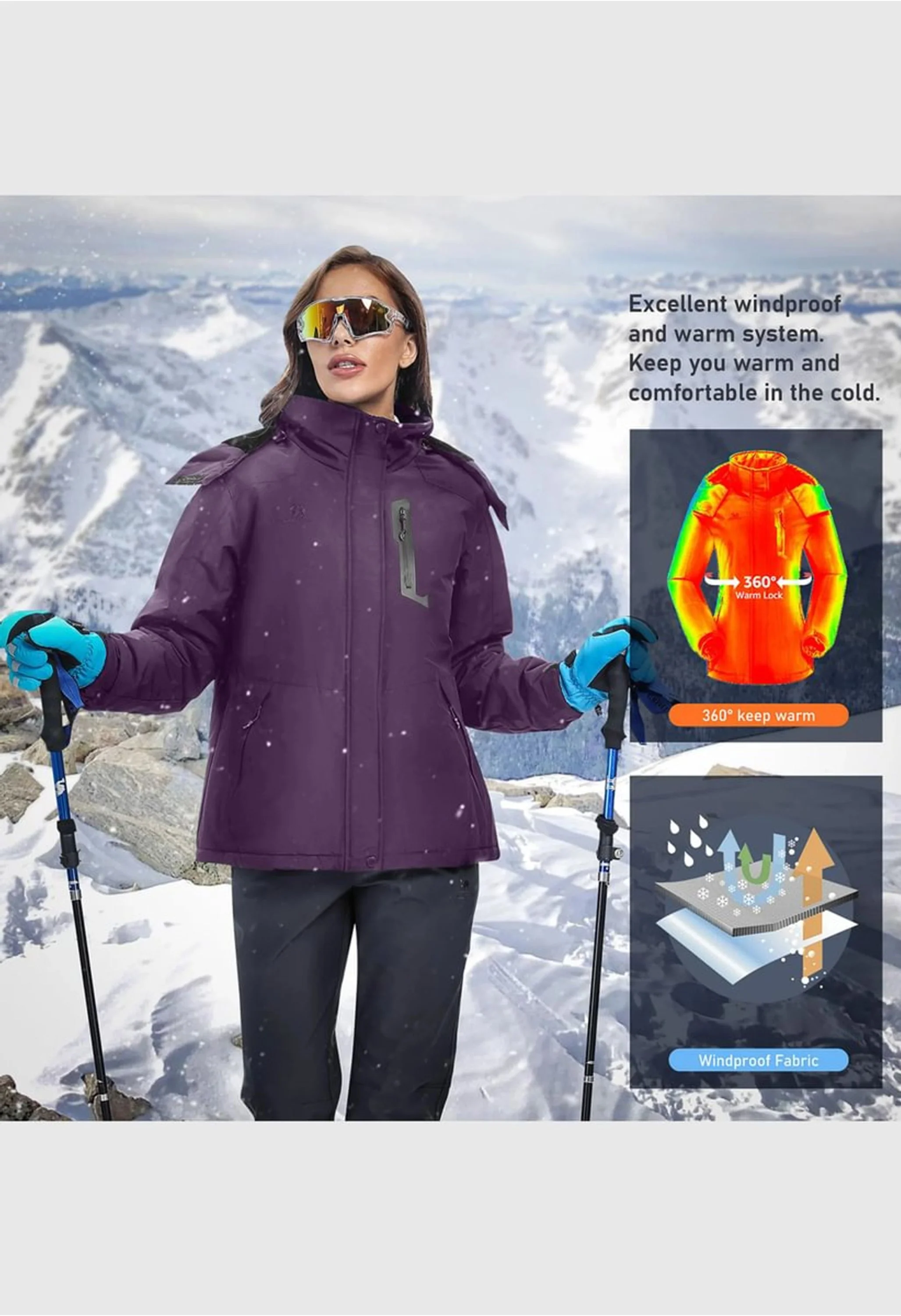 Women's Winter Purple Regular Fit Short Waterproof Windproof Ski Jacket - Image 4