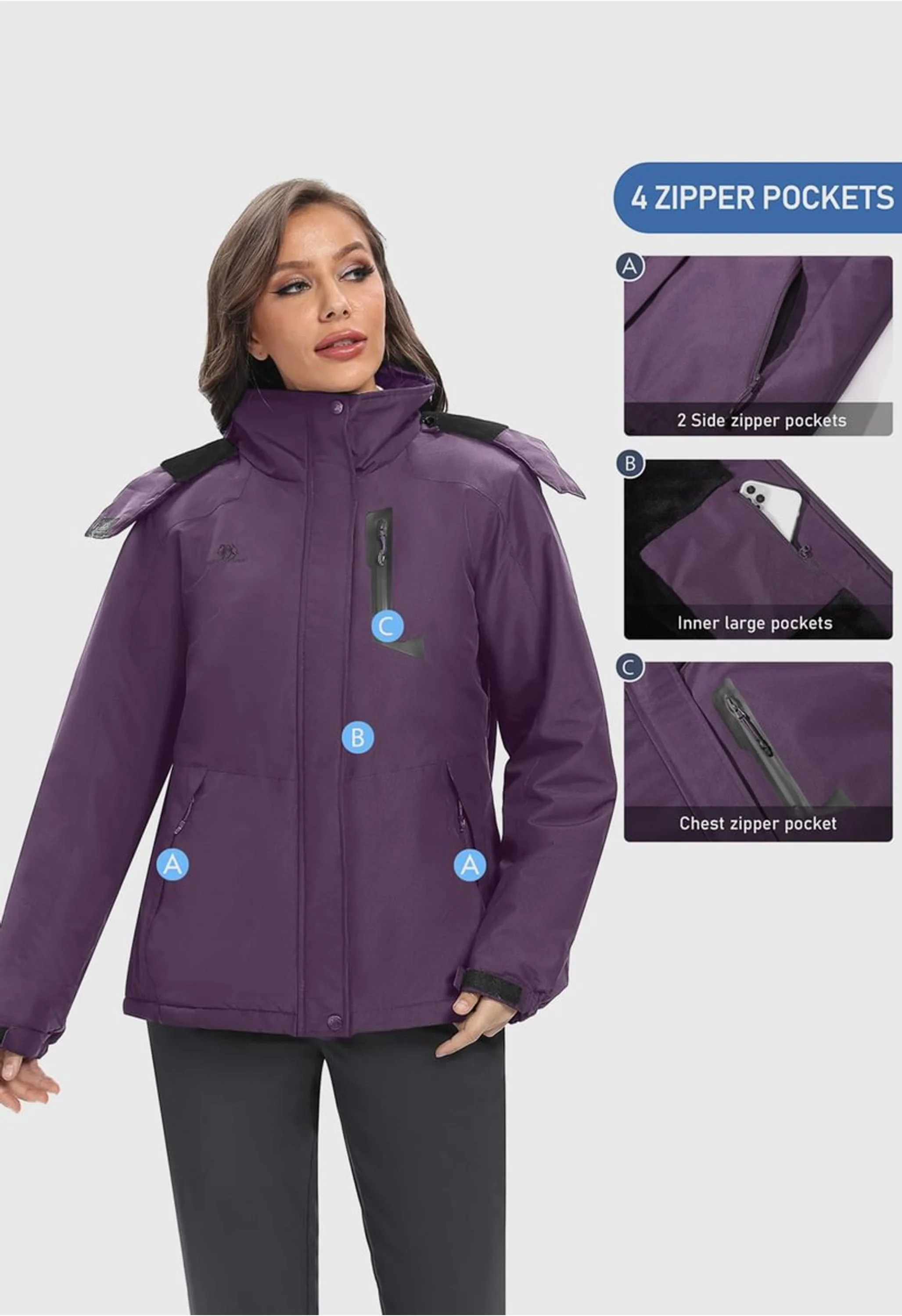 Women's Winter Purple Regular Fit Short Waterproof Windproof Ski Jacket - Image 5