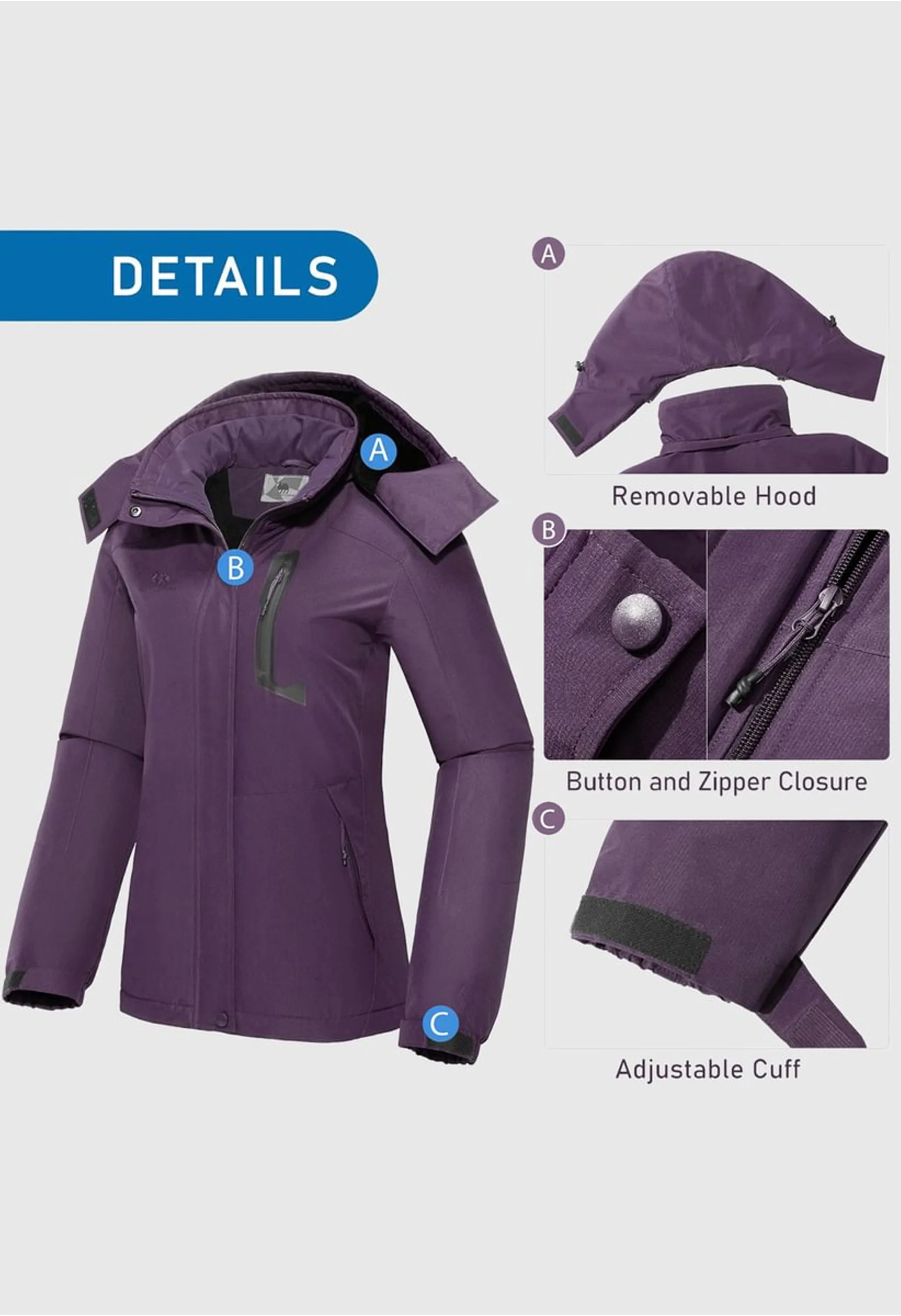 Women's Winter Purple Regular Fit Short Waterproof Windproof Ski Jacket - Image 6