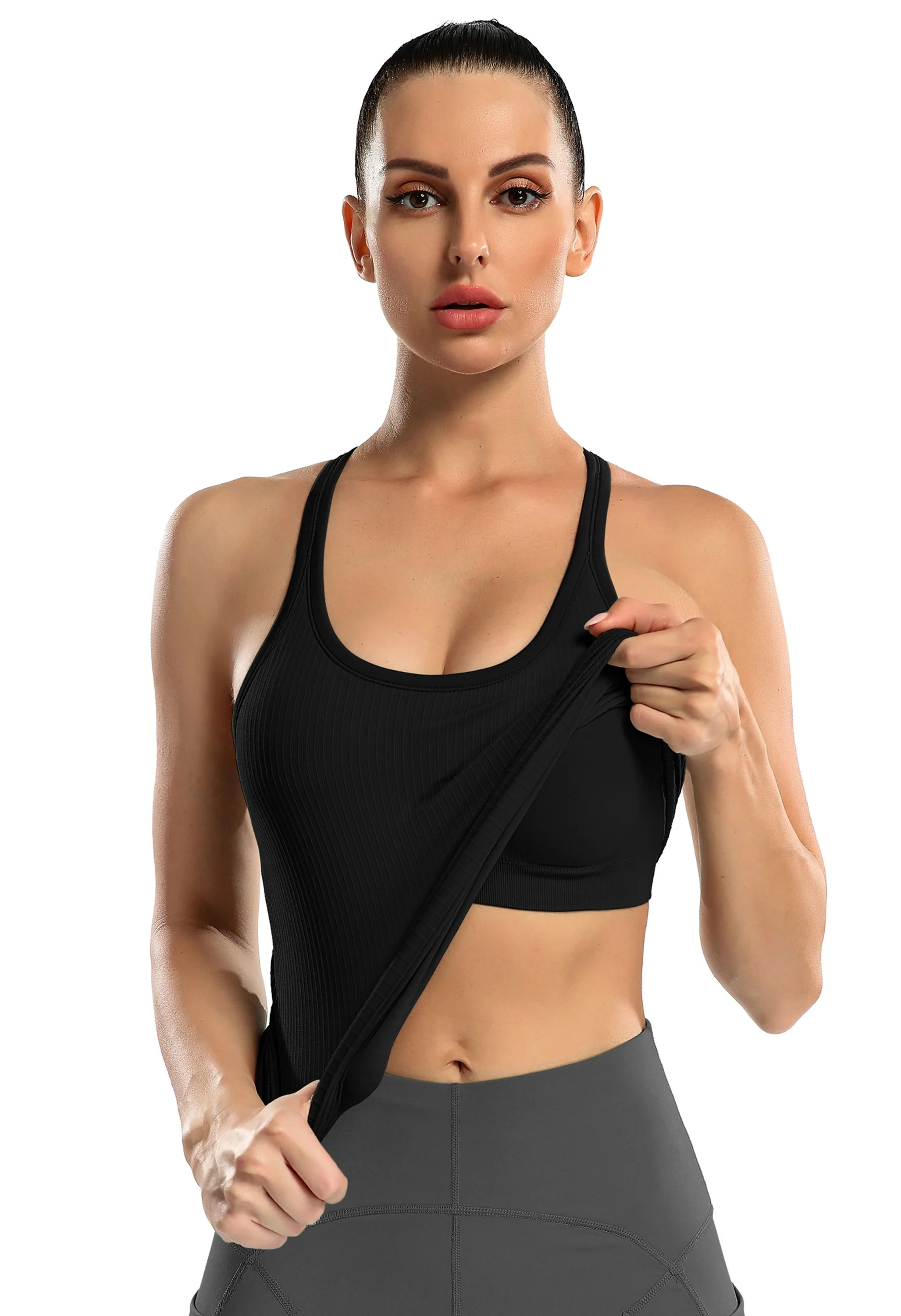 Attraco Women's Ribbed Racerback Built-in Bra Seamless Workout Tank Top - Image 2