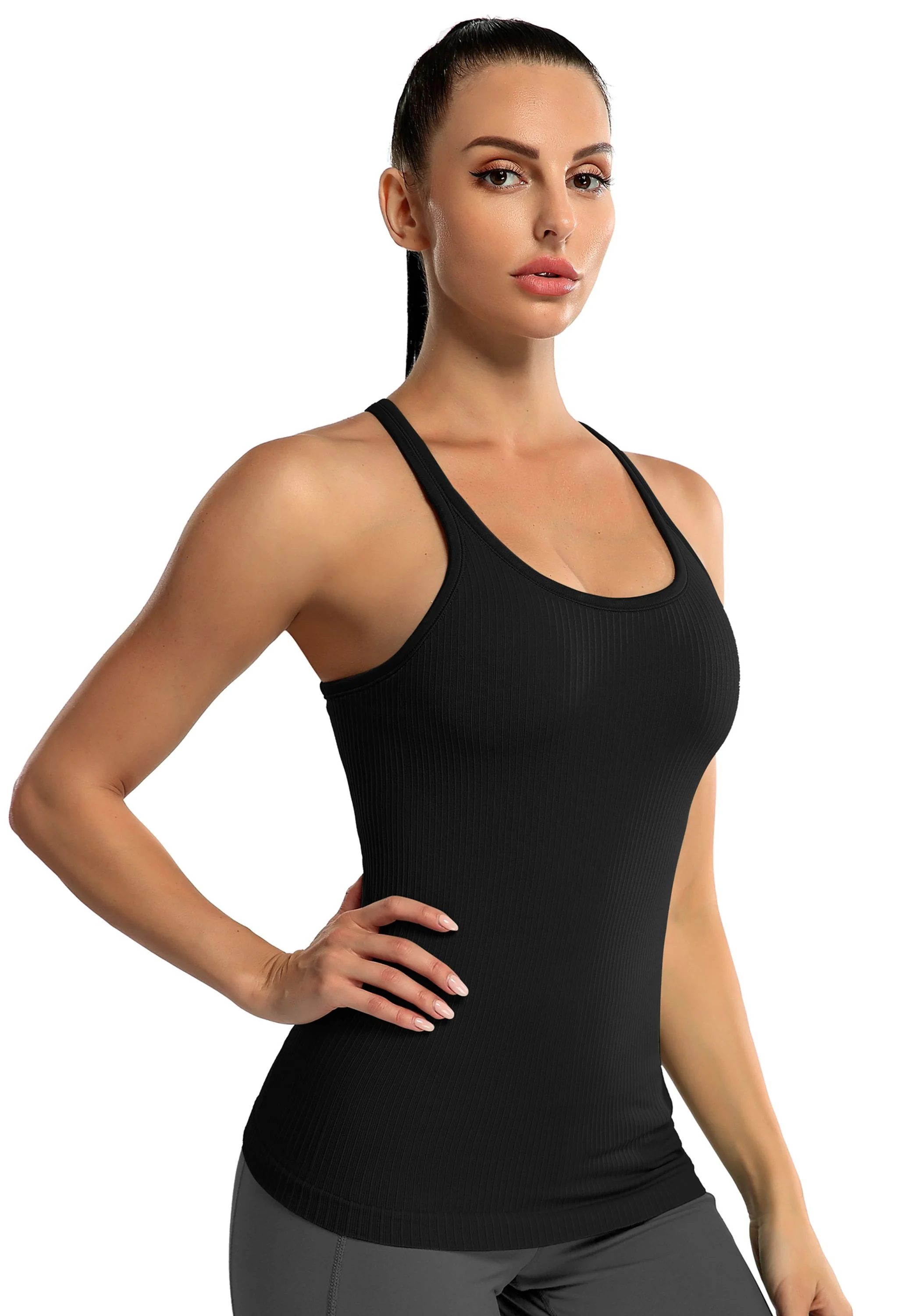 Attraco Women's Ribbed Racerback Built-in Bra Seamless Workout Tank Top - Image 4