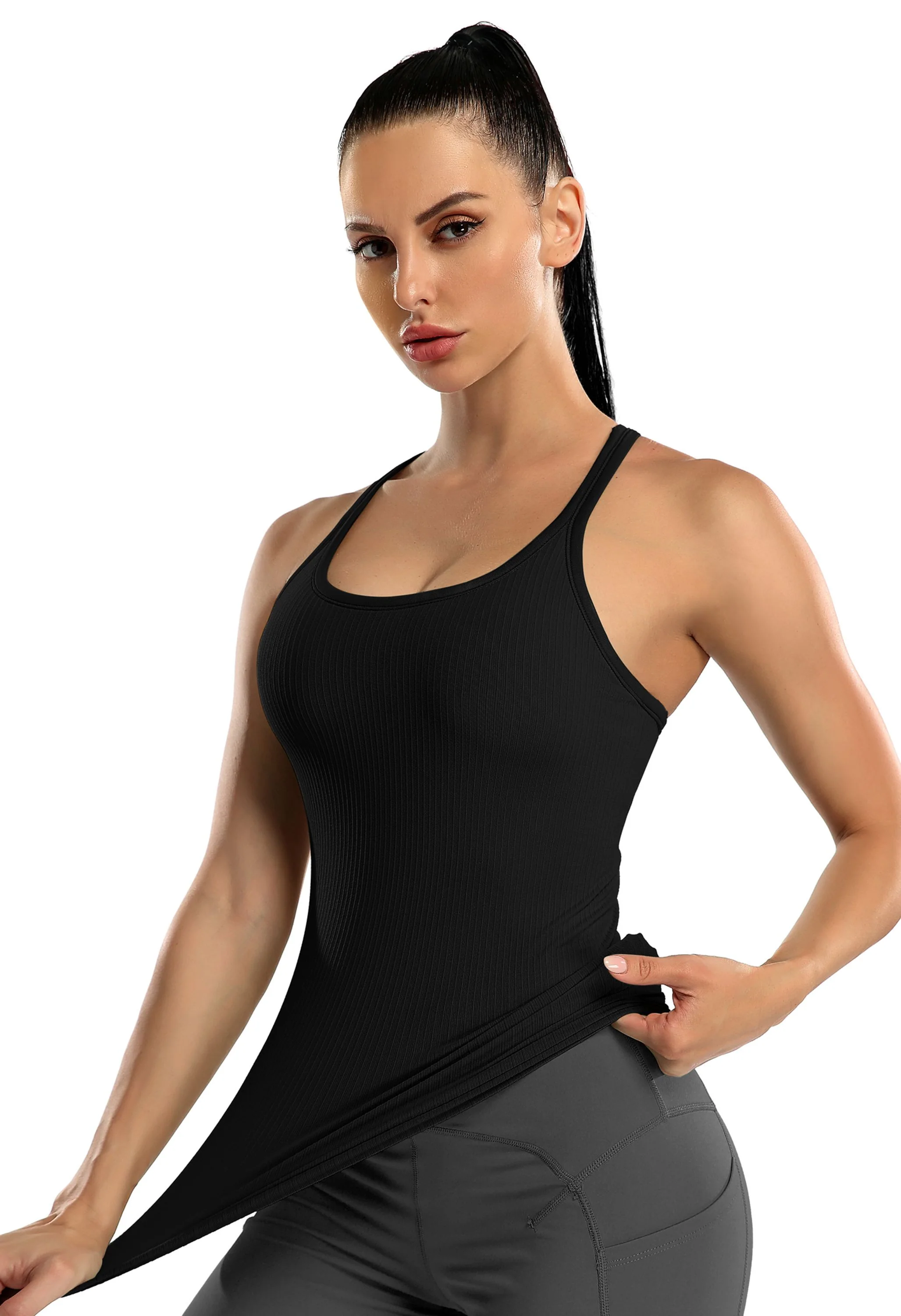 Attraco Women's Ribbed Racerback Built-in Bra Seamless Workout Tank Top - Image 5