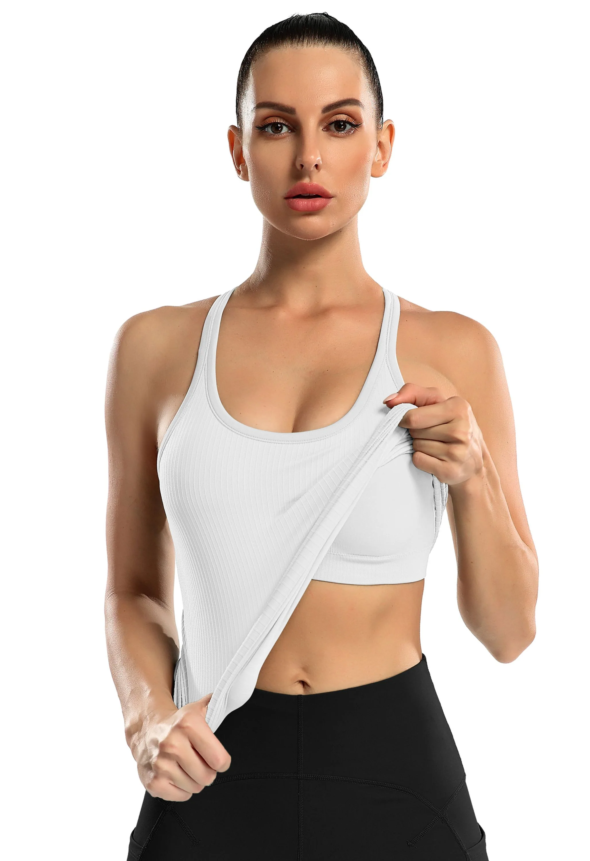 Attraco Women's Ribbed Racerback Built-in Bra Seamless Workout Tank Top - Image 2