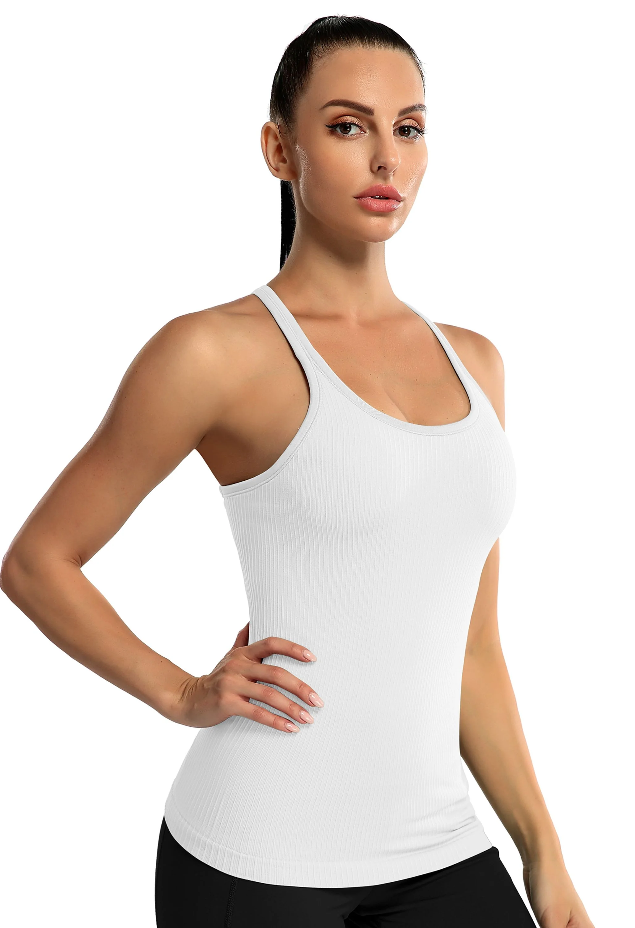 Attraco Women's Ribbed Racerback Built-in Bra Seamless Workout Tank Top - Image 4