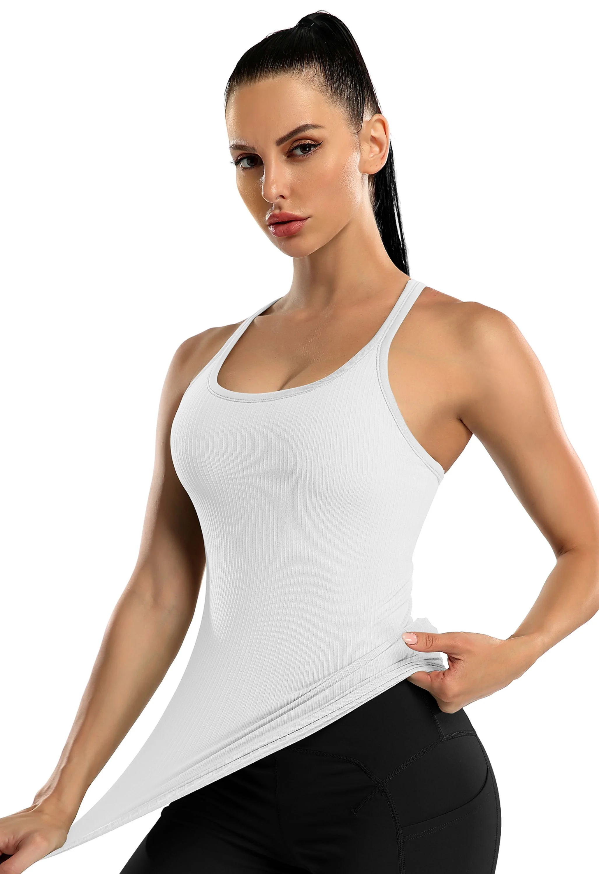 Attraco Women's Ribbed Racerback Built-in Bra Seamless Workout Tank Top - Image 5