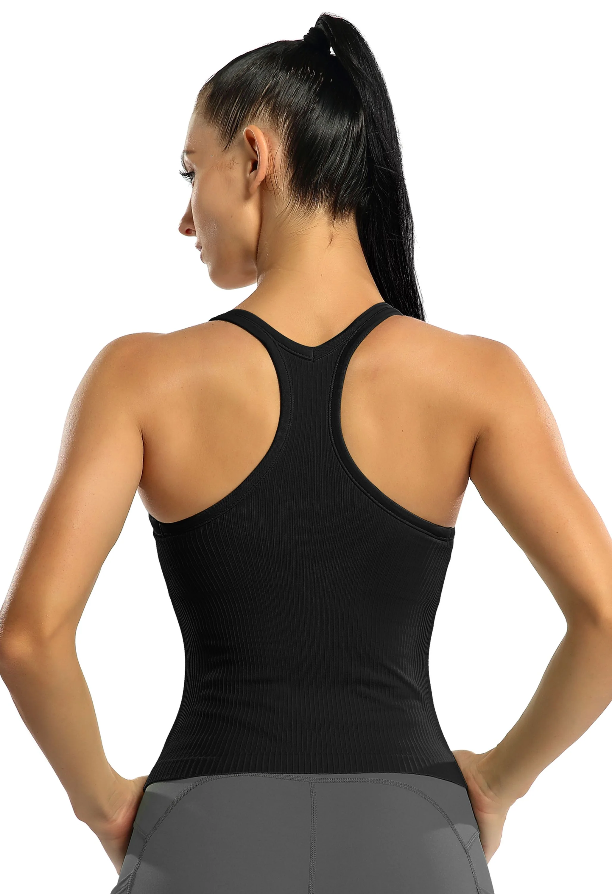 Attraco Women's Ribbed Racerback Cropped Built-in Bra Workout Tank Top - Image 2