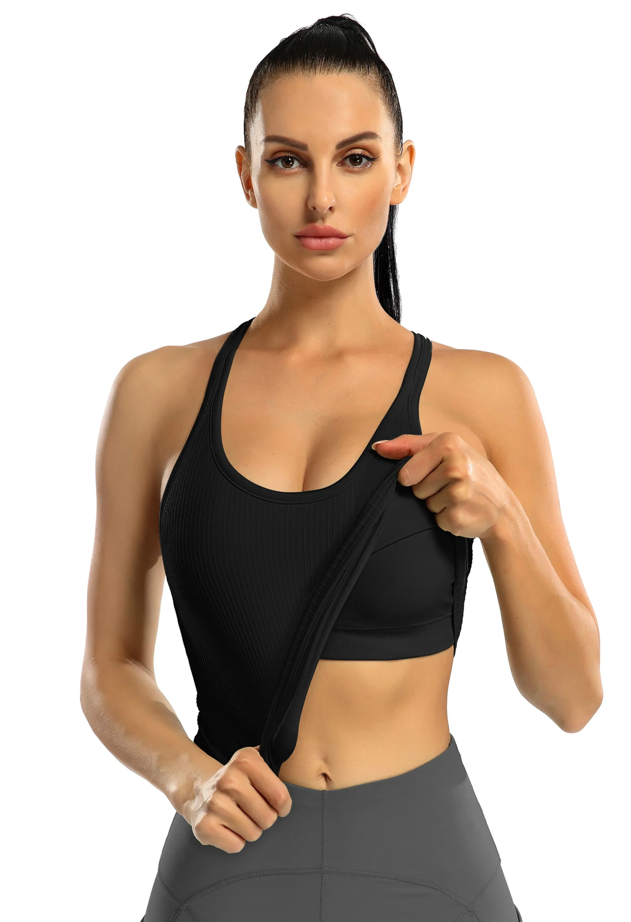 Attraco Women's Ribbed Racerback Cropped Built-in Bra Workout Tank Top - Image 3