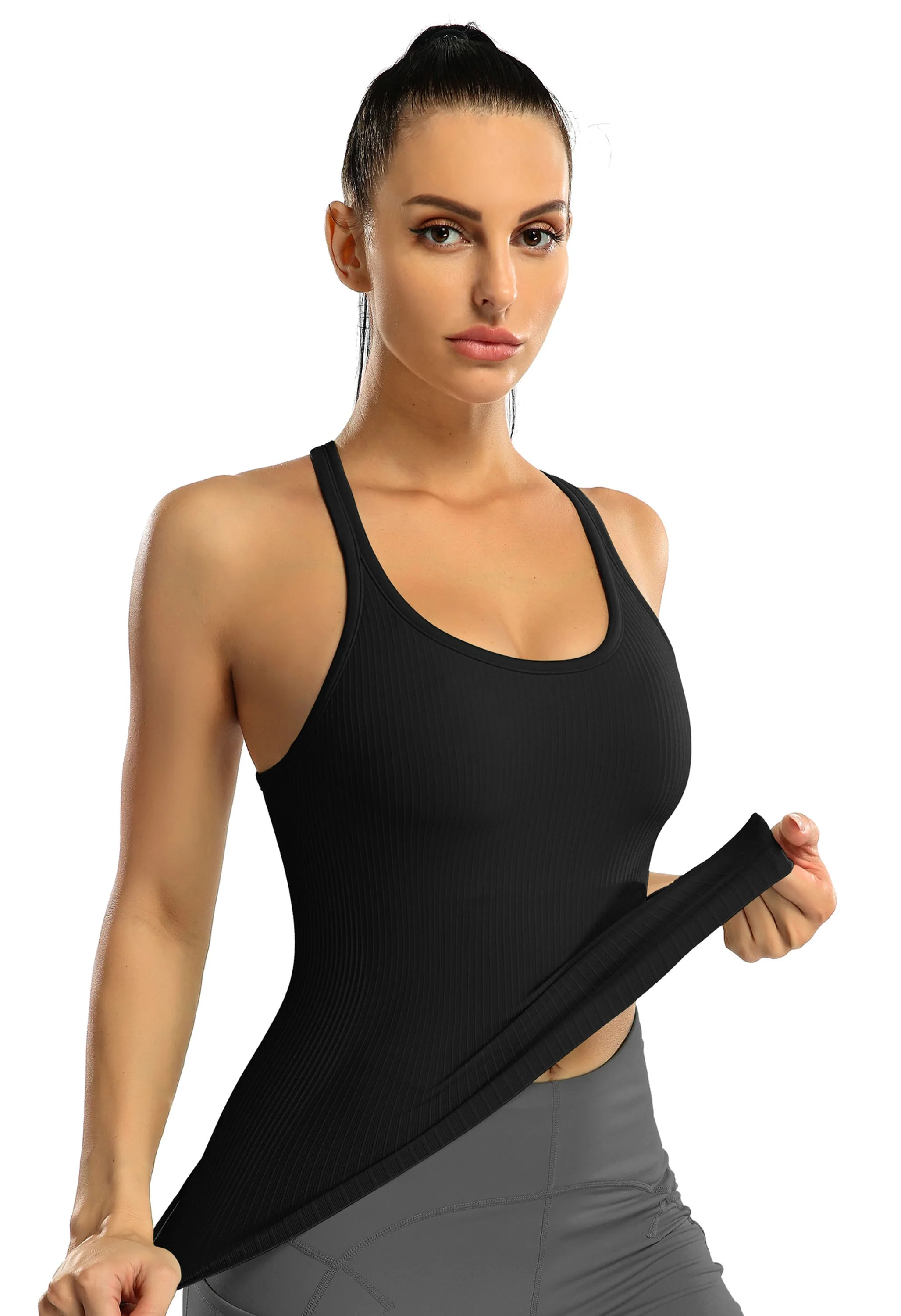 Attraco Women's Ribbed Racerback Cropped Built-in Bra Workout Tank Top - Image 4