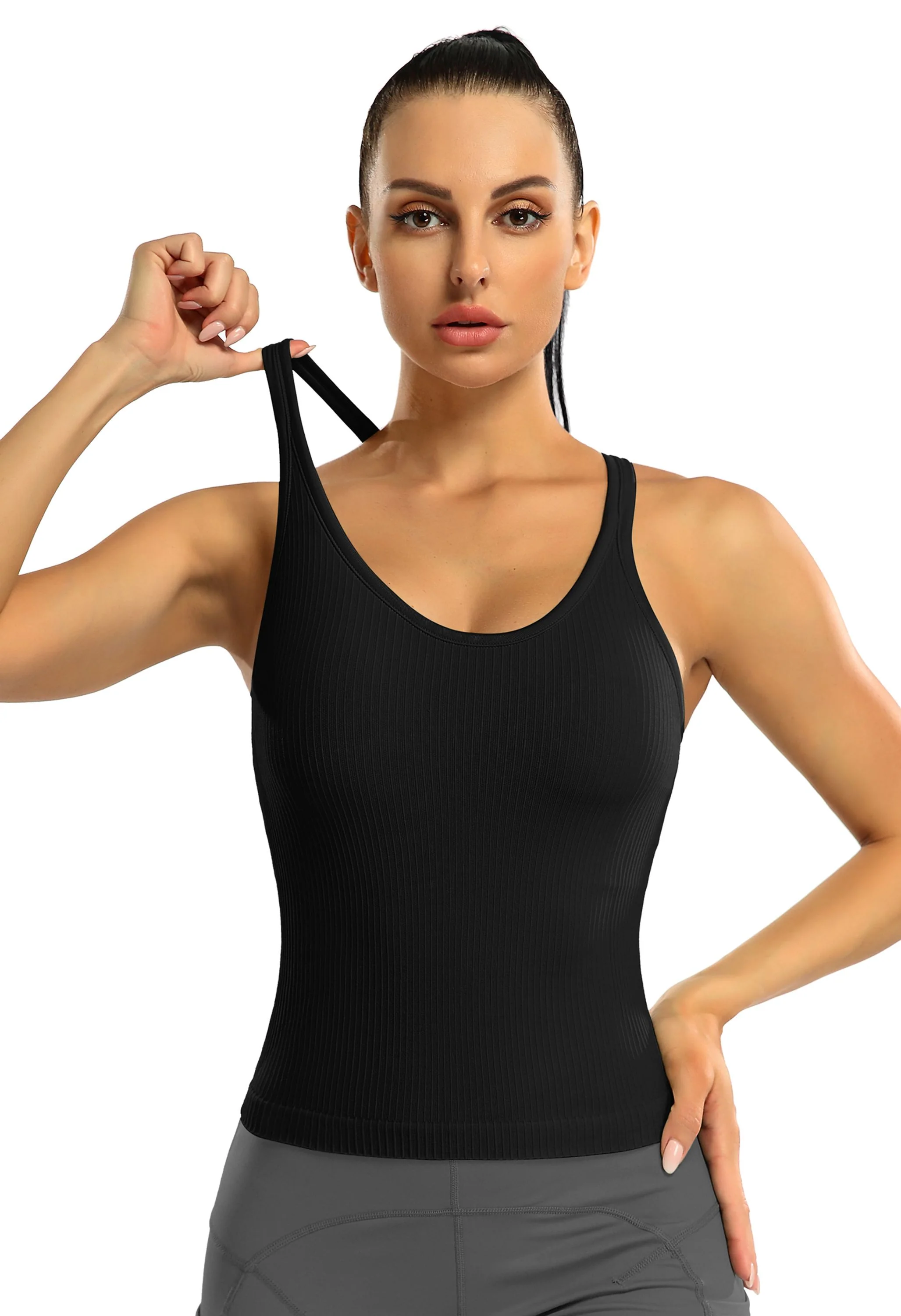 Attraco Women's Ribbed Racerback Cropped Built-in Bra Workout Tank Top - Image 5