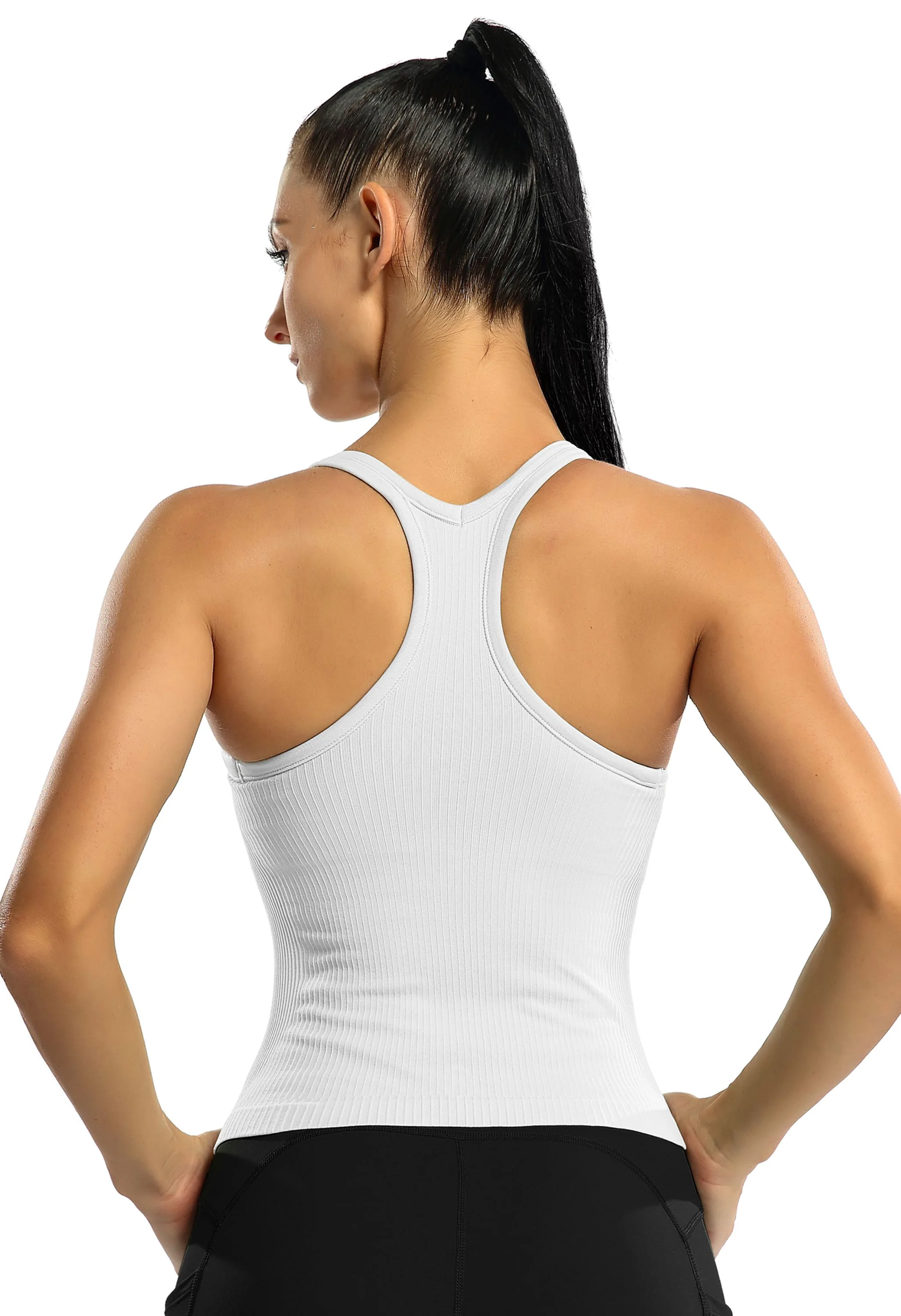 Attraco Women's Ribbed Racerback Cropped Built-in Bra Workout Tank Top - Image 2