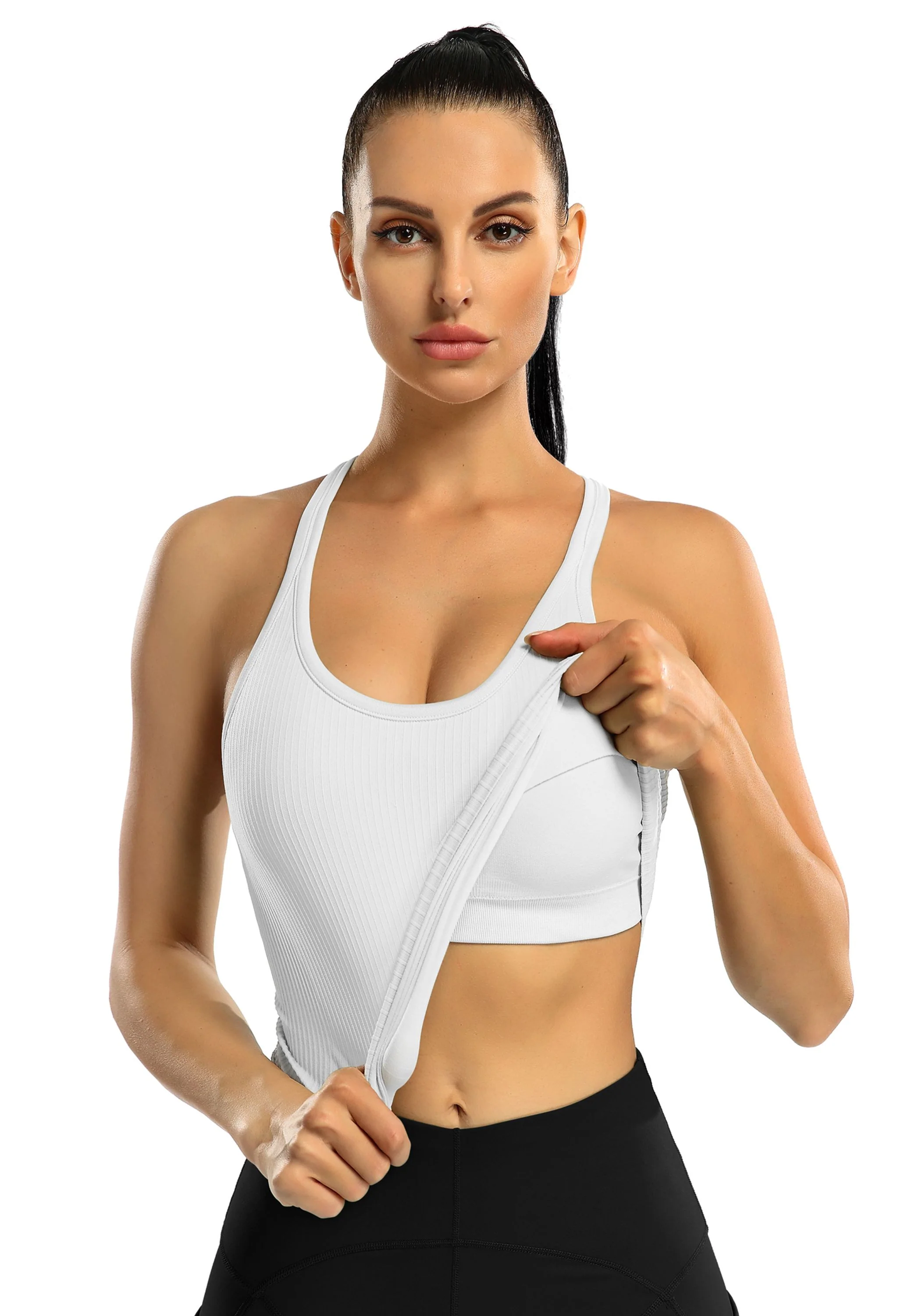Attraco Women's Ribbed Racerback Cropped Built-in Bra Workout Tank Top - Image 3