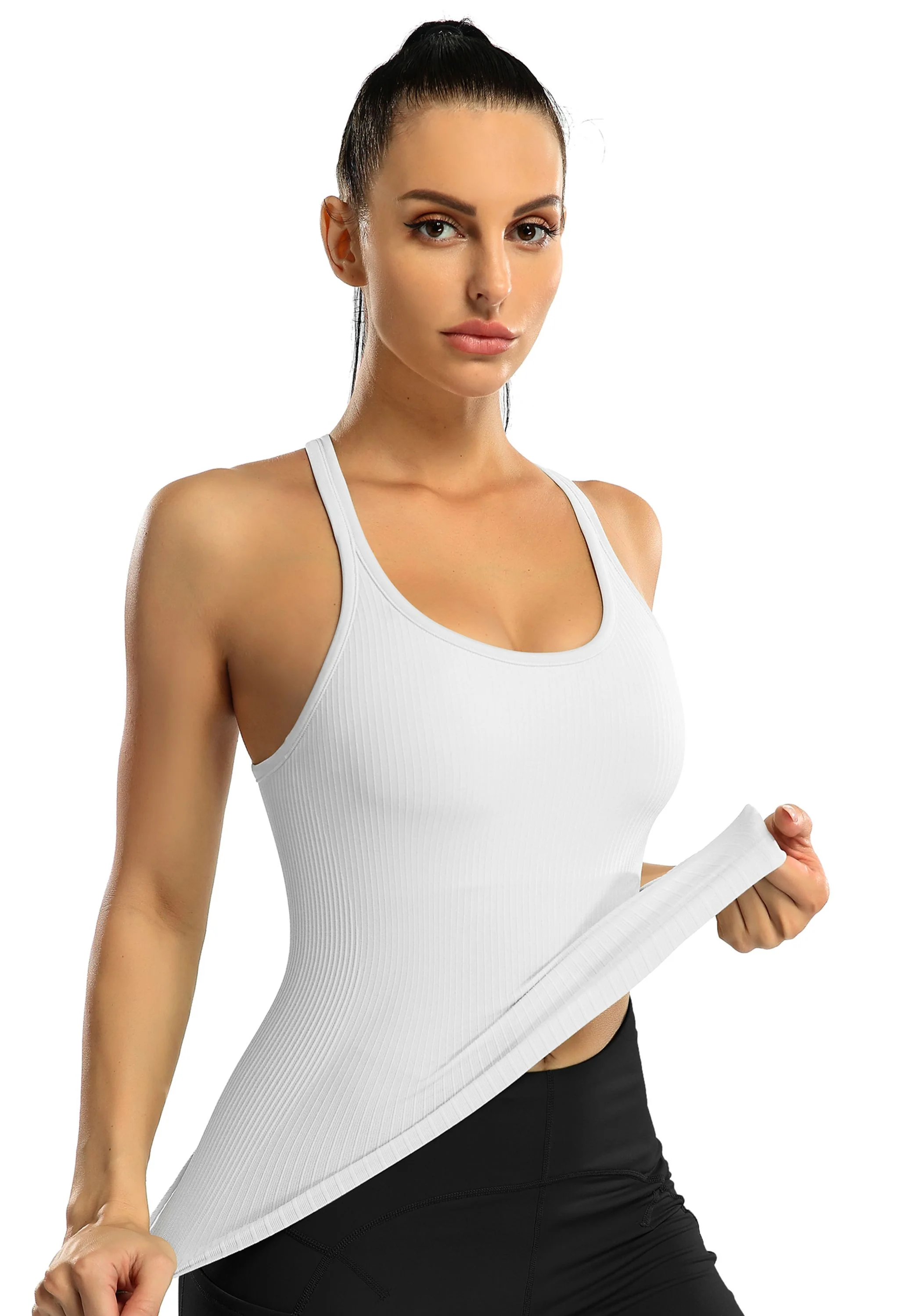 Attraco Women's Ribbed Racerback Cropped Built-in Bra Workout Tank Top - Image 4