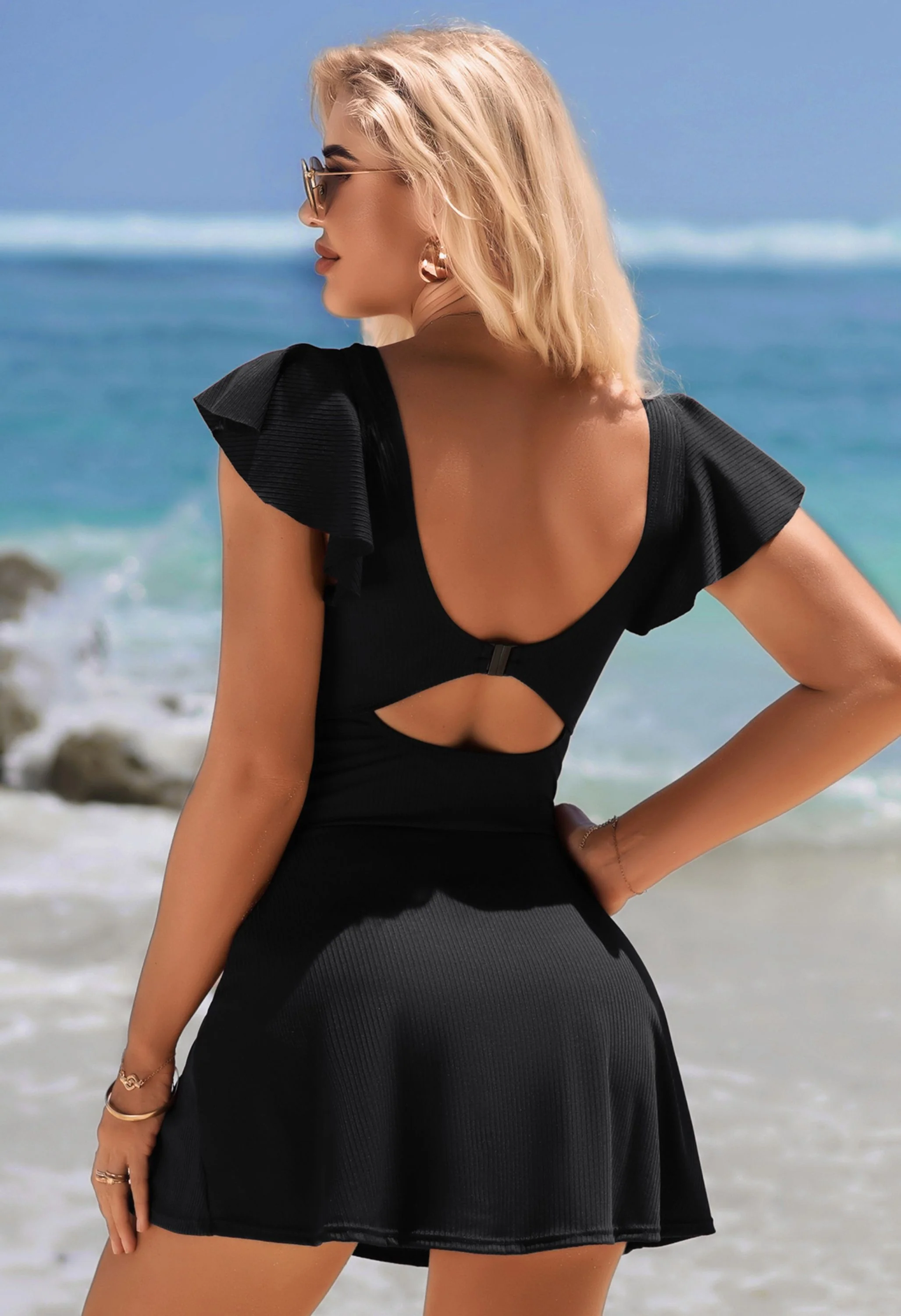 Charmo Women's Ribbed Twist Cutout Ruffle Sleeve Swimdress One-Piece Swimsuit - Image 4