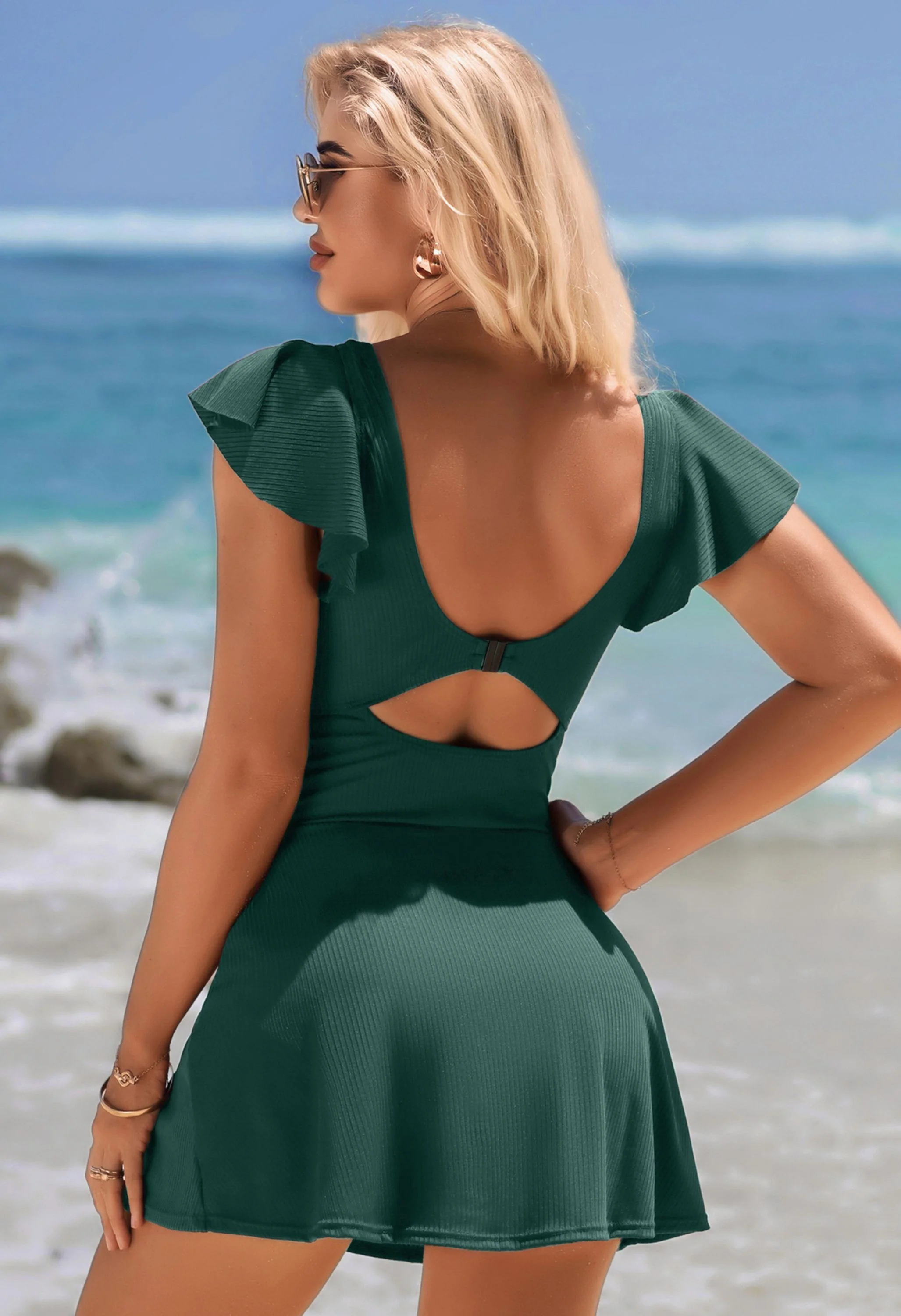 Charmo Women's Ribbed Twist Cutout Ruffle Sleeve Swimdress One-Piece Swimsuit - Image 4