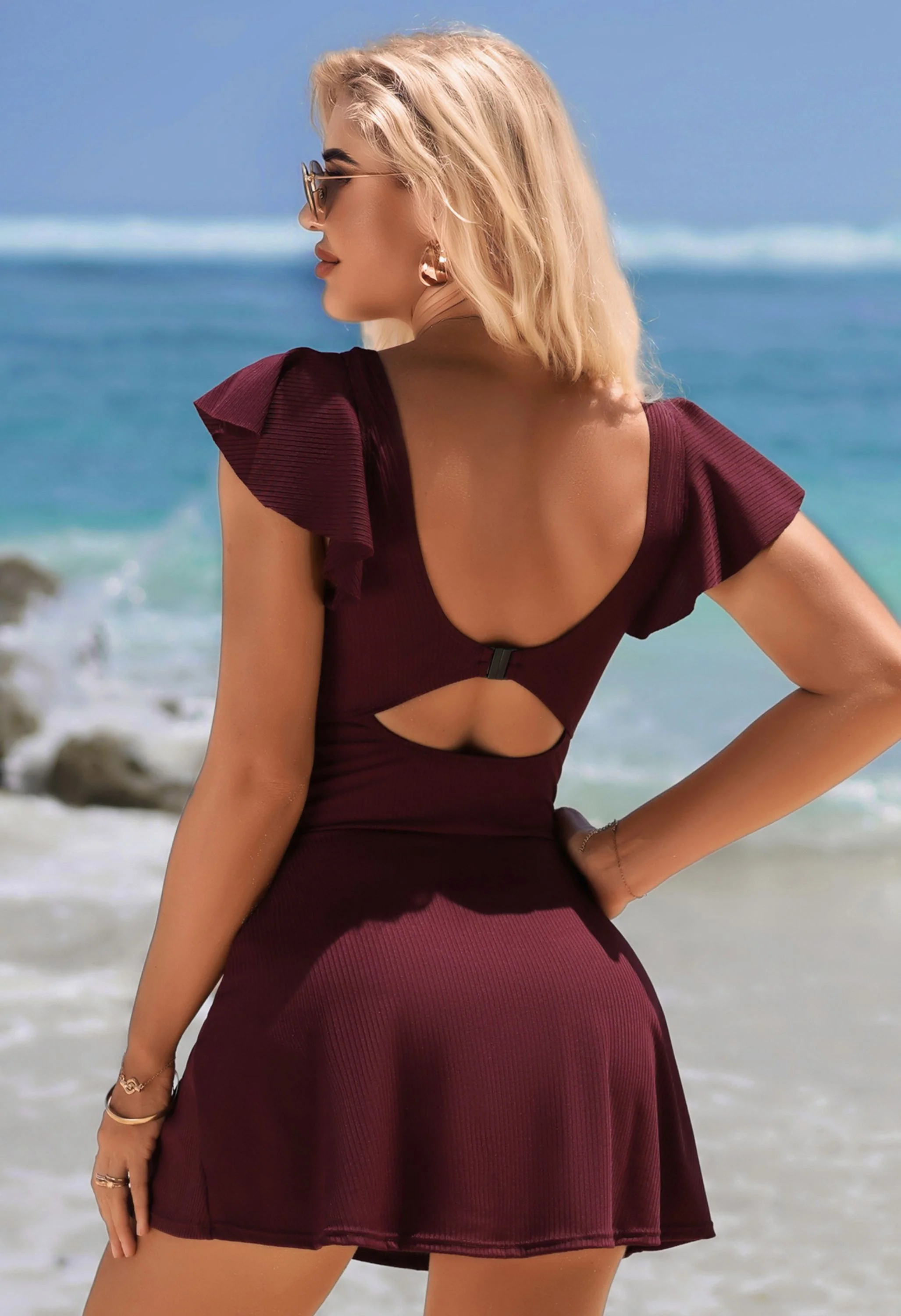 Charmo Women's Ribbed Twist Cutout Ruffle Sleeve Swimdress One-Piece Swimsuit - Image 4