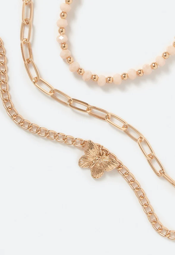 Zhuri 3-Row Mixed Bracelets With Blush Glass Beads & Butterfly Charm - Image 3