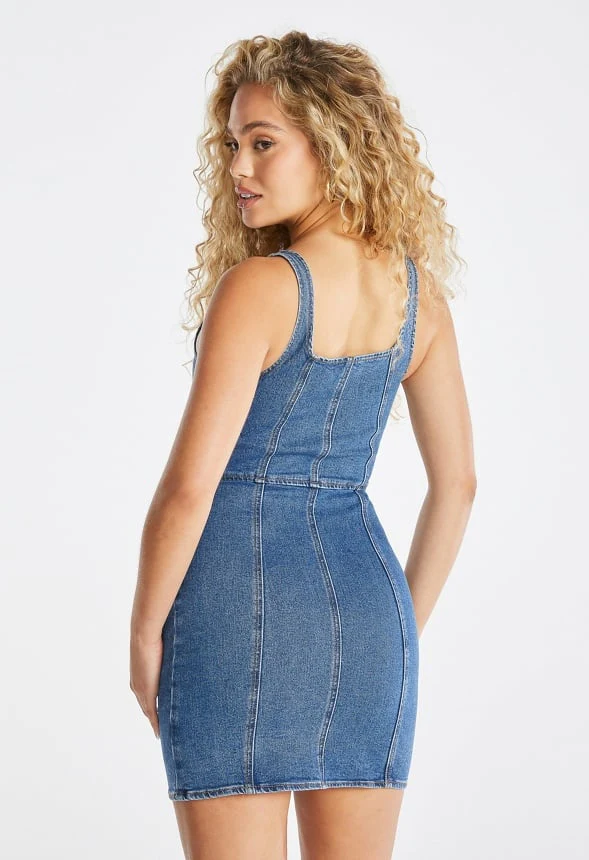 Zip Front Denim Mini Dress - Image 2