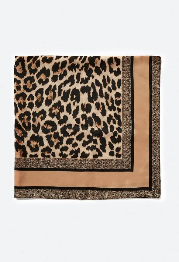 Zuri Animal Print Silk Like Scarf With Tan Border - Image 3