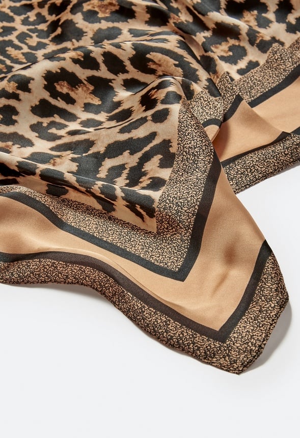 Zuri Animal Print Silk Like Scarf With Tan Border - Image 4